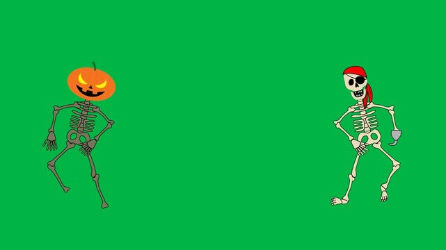 Two funny skeletons with pumpkin heads dancing together on green screen chromakey background. Great 2D animated cartoon animation for Halloween events, kids parties, horror comedy, or festive video