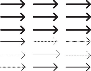 Arrows set vector.Black arrow pointing to the right. Black direction pointer. Icon of a straight pointed arrow. Black arrow indicating rightward direction. Isolated image.