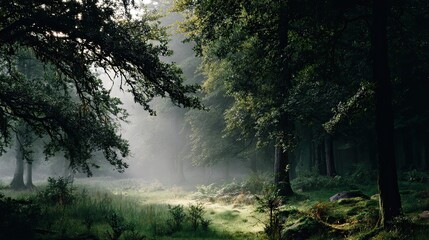 Obraz premium Misty Woods with Sunlight Streaming Through Trees