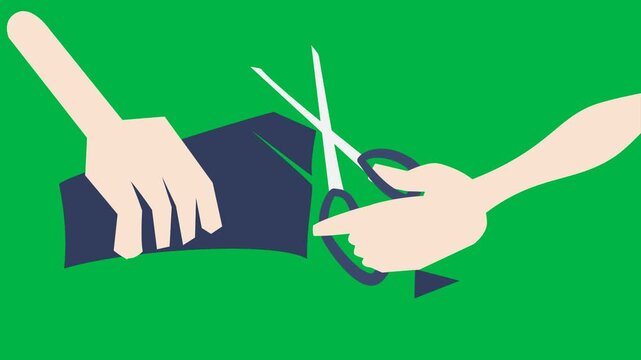 Hand cutting blue fabric with scissors on green screen chromakey background. Practical 2D animated cartoon animation for sewing tutorials, crafting videos, fashion design, or DIY content.