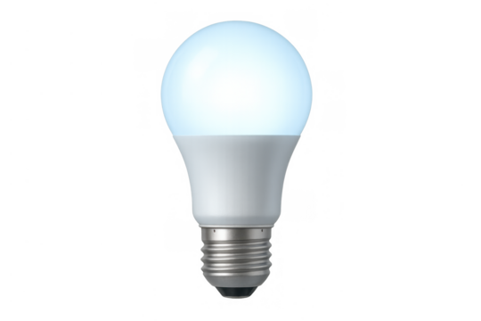 Led light bulb illuminating with blue glow, representing energy saving, innovation, and bright ideas, on transparent background