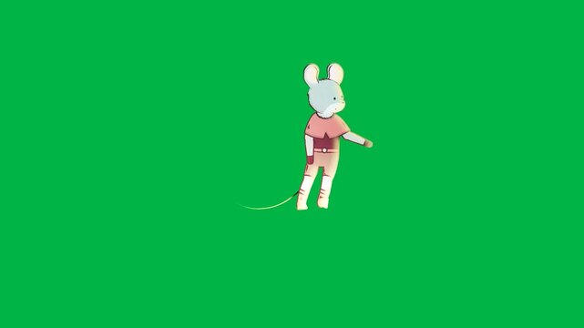 Small white rabbit controlled by puppet strings on green screen chromakey background. Funny 2D animated cartoon animation for magic shows, puppet theater, fairy tales, or surreal stories.