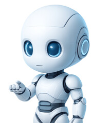 Fototapeta premium Cute 3D Robot Character Pointing Finger. Funny Artificial Intelligence Mascot Showing Invisible Object. Modern Android Virtual Assistant.