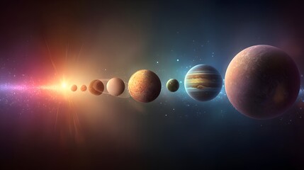 Celestial bodies are aligned in a dramatic cosmic display against a luminous stellar background