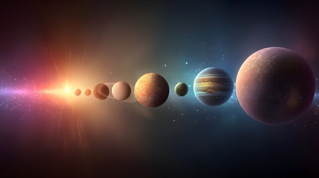 Celestial bodies are aligned in a dramatic cosmic display against a luminous stellar background