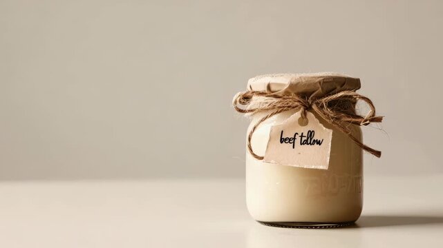 Glass jar of beef tallow tied with rustic twine on minimalistic surface against light background