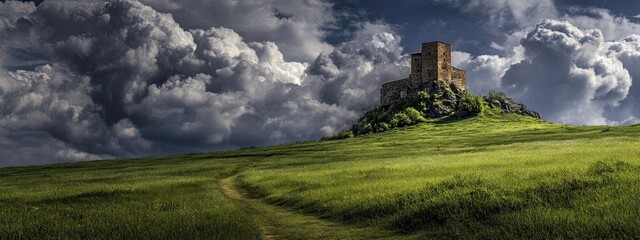 Ancient Fortress in Picturesque Countryside with Stormy Sky