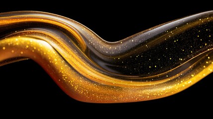 Abstract golden wave flows dynamically across a deep black background with shimmering particles