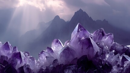 Purple Amethyst Crystals Mountain Landscape Under Dramatic Sky