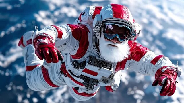 A man dressed as Santa Claus in a space suit and goggles
