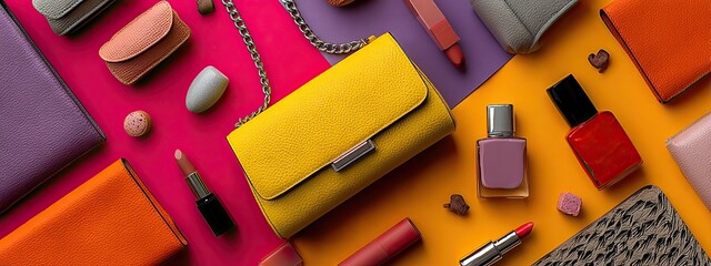 Stylish Flat Lay Featuring Handbags and Beauty Products