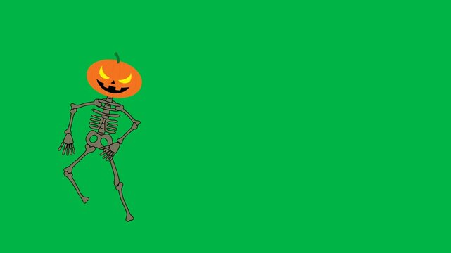 Cute skeleton character dancing and waving hands happily on green screen chromakey background. Perfect 2D animated cartoon animation loop for Halloween party videos, spooky intros, kids content,