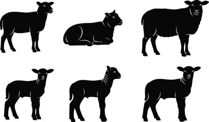 Black Silhouette Vector Collection of Sheep and Lambs in Various Poses, Featuring Farm Animals for Wool, Meat, and Agricultural Product Design