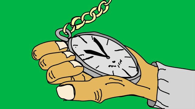 Hand holding golden pocket watch swinging for hypnosis on green screen chromakey background. Classic 2D animated cartoon animation perfect for psychology, magic, time, or mystery themes.