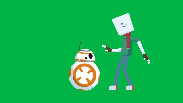 Robot vacuum cleaner bumping into surprised man on green screen chromakey background. Funny 2D animated cartoon animation great for smart home, cleaning, technology fails, or comedy scenes.