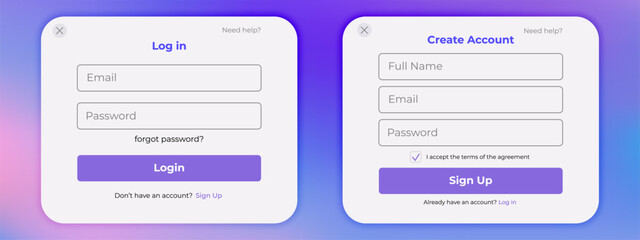 Modern UI register and login layout. Sign in and sign up forms with gradient background. Website user registration design.