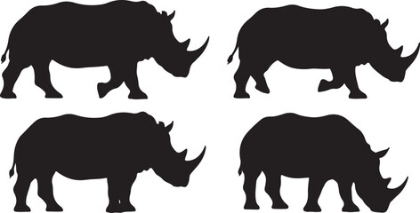 Fototapeta premium Collection of rhinoceros silhouettes in different walking stances showing thick skin and iconic horns set vector illustration