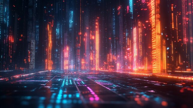 Futuristic city glowing neon streetscape, digital background, tech concept