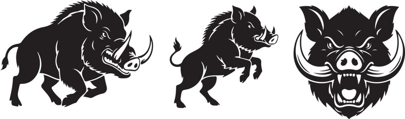 Fototapeta premium Set of wild boar or razorback running and rearing silhouettes and ferocious head logo black vector illustrations on transparent background