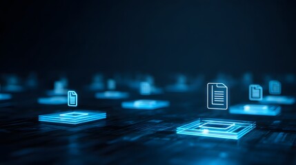 Illuminated digital document icons float above glowing electronic surfaces in a dark data environment