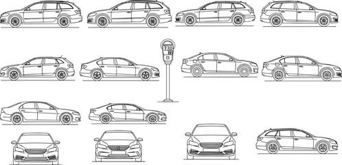 Large collection of various car outlines including sedans, station wagons, and front views, centered around a parking meter vector illustration set. (20 words)
