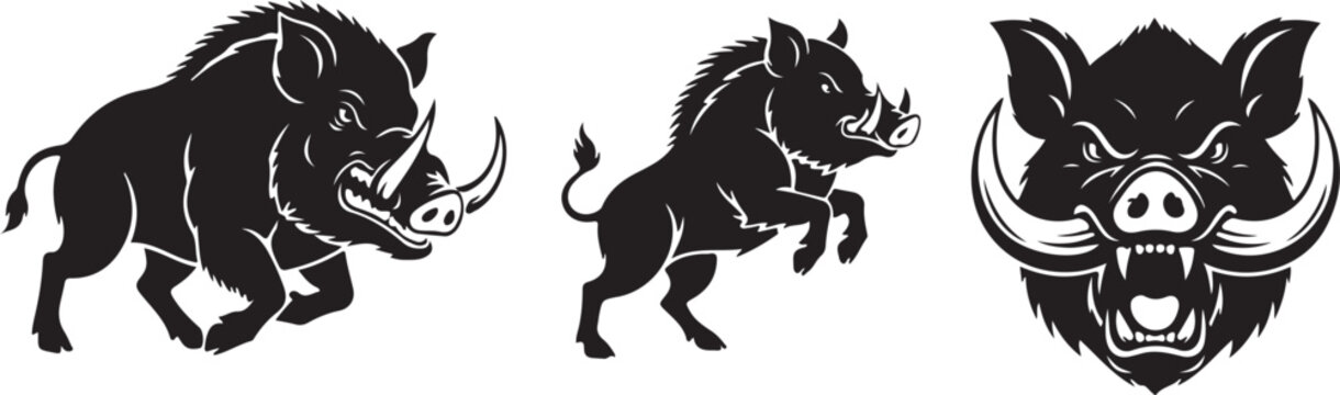 Set of wild boar or razorback running and rearing silhouettes and ferocious head logo black vector illustrations on transparent background