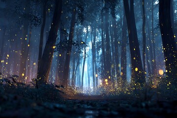 Magical Forest Scene with Fireflies at Night in Mystical Blue Light