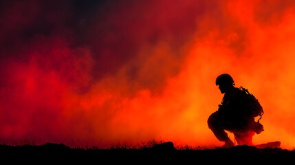 Obraz premium Silhouette of uniformed operative kneeling amidst intense fiery smoke and dramatic lighting