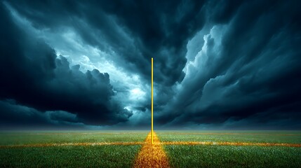 Tall Yellow Pole Standing in Green Field Under Dramatic Stormy Sky