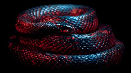 Fototapeta premium Coiled reptile skin illuminated dramatically with contrasting red and blue lighting