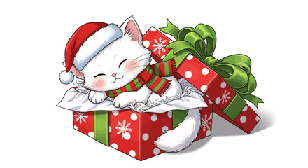Adorable kitten in a Christmas gift box wearing Santa hat and scarf, perfect for holiday greetings and festive cheer for pet lovers everywhere