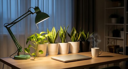 Desk setup with green desk lamp illuminating potted snake plants at night