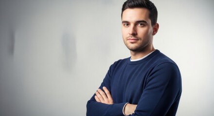 confident young man with crossed arms wearing casual navy sweater