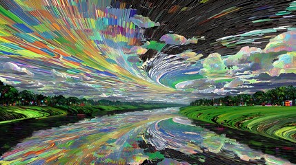 Colorful Abstract Landscape with Swirling Sky and Reflective River Scene