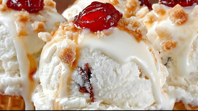 Creamy Vanilla Ice Cream Scoops with Maraschino Cherry, Caramel Drizzle, and Crunchy Topping in Bright Studio, Tempting Dessert