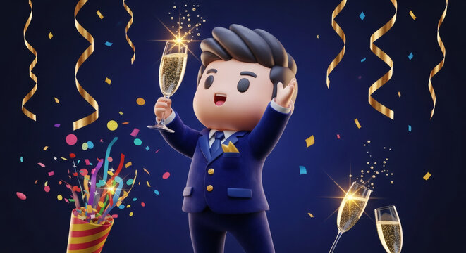 Celebrate Success with Style - Toon Businessman Toasts with Champagne Among Confetti and Streamers for Corporate Events or New Year's Celebrations - Powered by Adobe