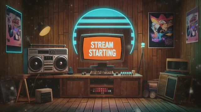 Stream starting soon screen, overlay loop, animated virtual backgrounds, retro gaming room view. vtuber asset twitch zoom OBS. 4K Video