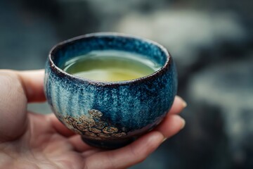 Hand Holding Blue Ceramic Tea Cup Filled with Green Tea on Stone Surface