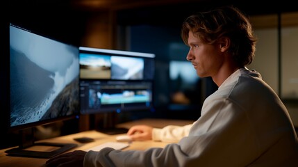 A filmmaker scrolling through color-graded video sequences in editing software, fine-tuning transitions and pacing under soft studio lights — post-production artistry, cinematic workflow, and