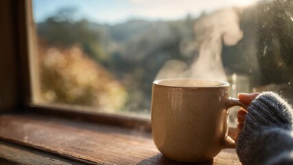 Steaming coffee mug on wooden window sill with scenic mountain view - Powered by Adobe