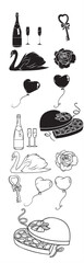 Hand drawn vector illustration of a vintage sketch set of food and drink icons including pizza, wine, and cake
