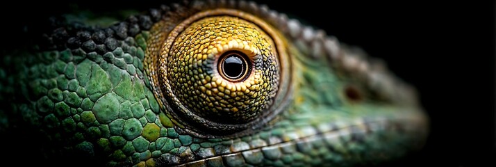 Close Up of Green and Yellow Chameleon Eye Highlighting Textured Skin and Colorful Details