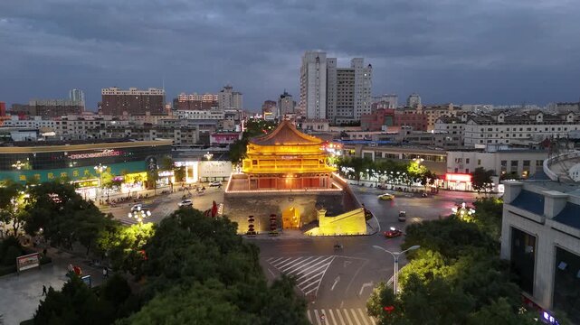 Zhangye Drum Tower Night Aerial View, Gansu China