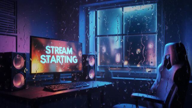 An atmospheric streaming setup in a cozy room with a computer screen lit up, prepared for a live gaming session on a rainy evening