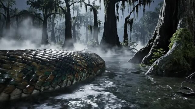 Serpentine Majesty A Giant Snake Slithers Through the Misty Swamp Waters