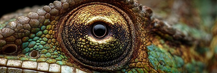 Closeup of a Colorful Chameleon Eye with Textured Skin and Vibrant Colors in Natural Environment