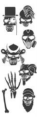 Set of black and white gothic skull bone tattoos for death, horror, and pirate art design