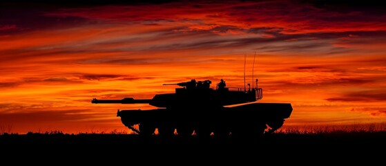 Tank Silhouette During Vibrant Sunset with Orange Red Sky and Dark Landscape