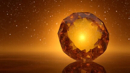 Vivid Orange Gemstone with Inner Light and Sparkling Particles on Dark Background