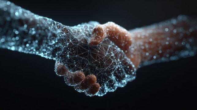 digital handshake representing online agreement and partnershipfuturistic lowpoly wireframe of two hands shaking symbolizing digital collaboration virtual business deals and secure online agree